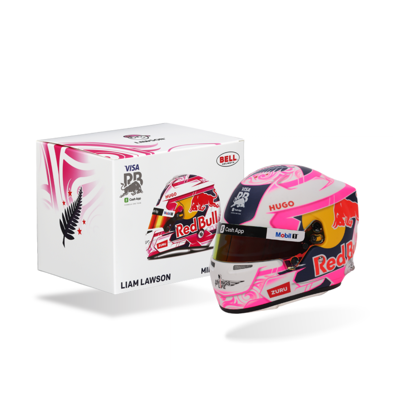 Pink racing helmet with packaging on a white background
