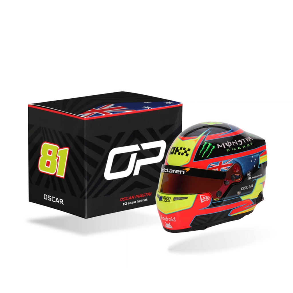 Colorful racing helmet next to a black box with 'OP' branding on a white background.