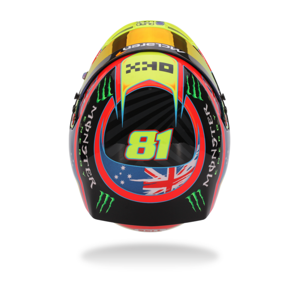 Colorful motorcycle helmet with number 81 on a white background