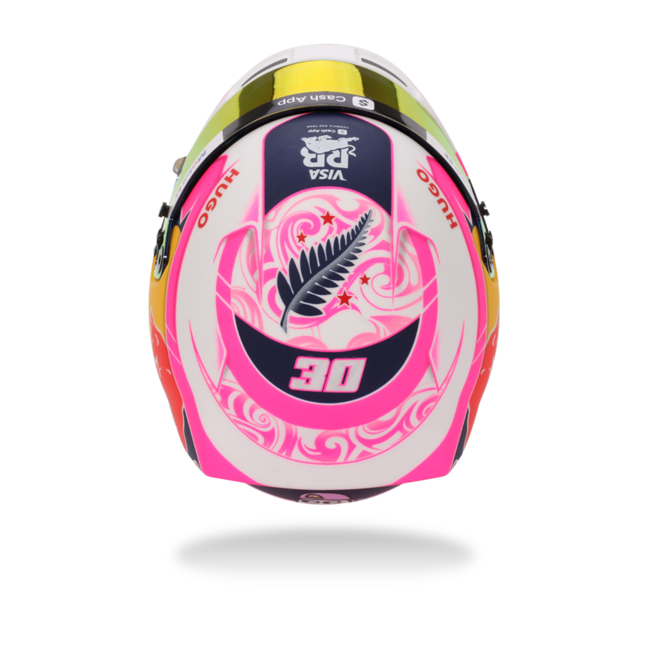 Pink helmet with branding on a white background