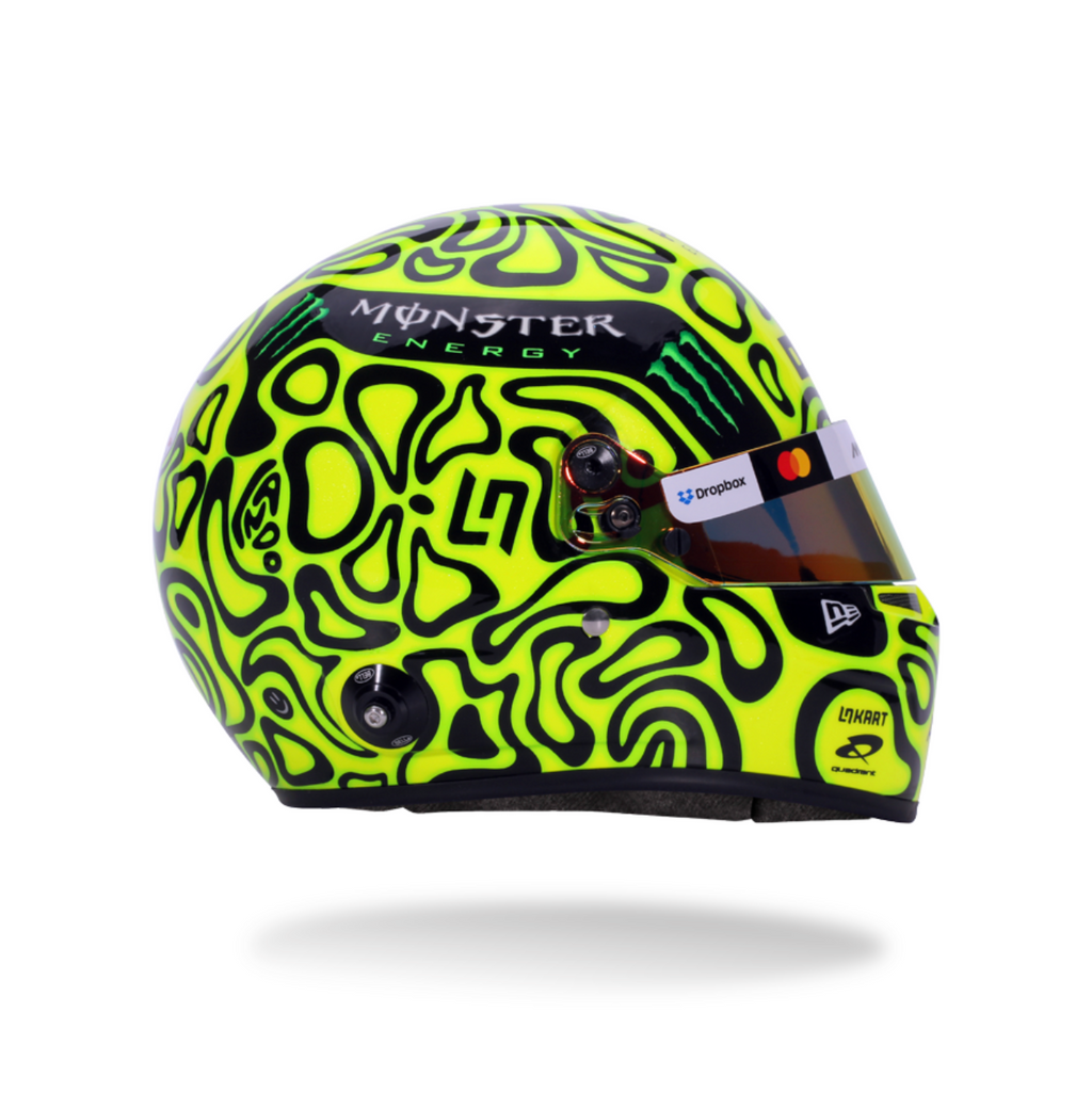 Yellow F1 helmet with black patterns on a white background