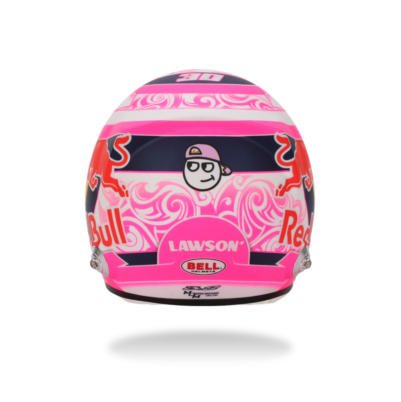 Pink and blue racing helmet with various logos on a white background